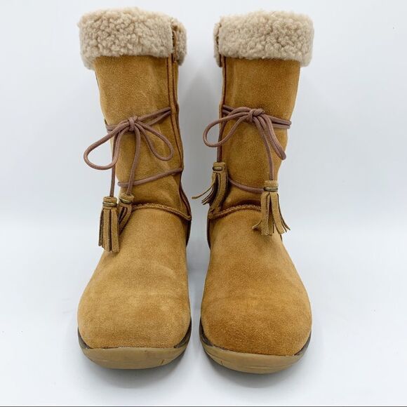 LL Bean Brown Suede Leather Zip Moccasin Winter Fleece Lined‎ Boots Girls - Picture 3 of 12